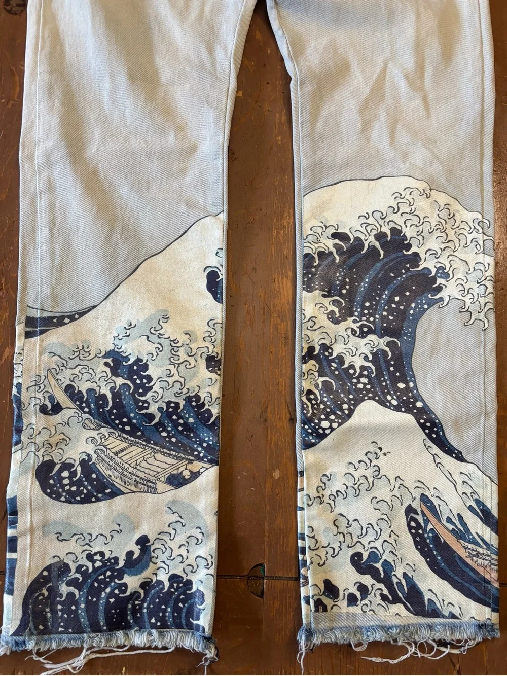 MNML Jeans Retro Ocean Waves Mountain Art Washed Denim Pants